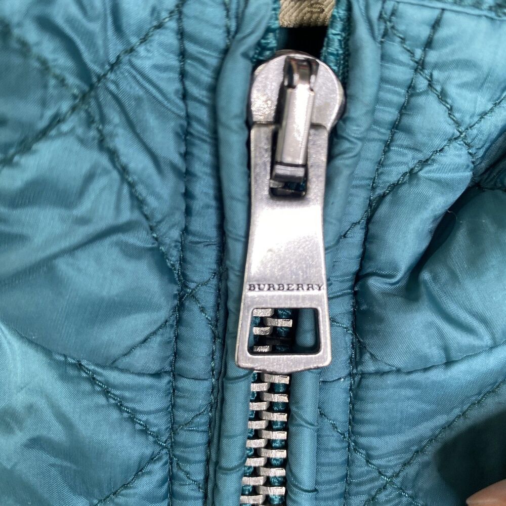 Burberry Brit Jacket Womens Small Teal Quilted Hooded Nylon Full Zip Plaid Lined - Picture 4 of 16